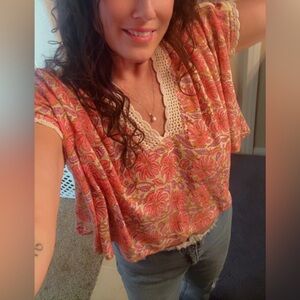 FP Movement by Free People Floral Blouse in Pink and Cream